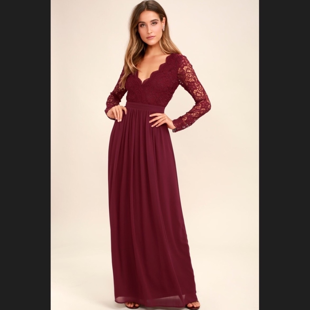 AWAKEN MY LOVE BURGUNDY LONG SLEEVE LACE MAXI DRES